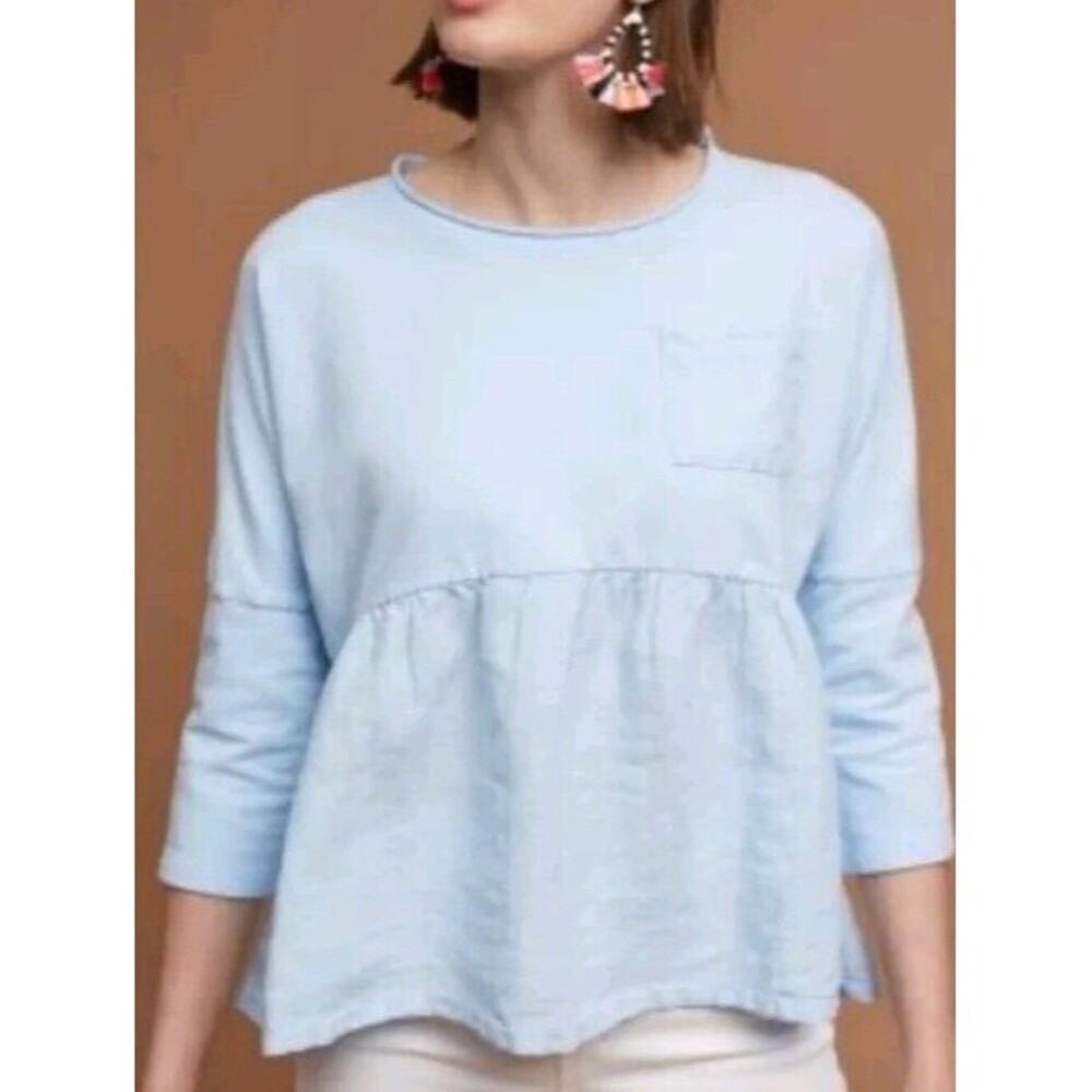 Anthropologie Postmark Babydoll Top XS Linen Blend Light Blue Blouse Pastel